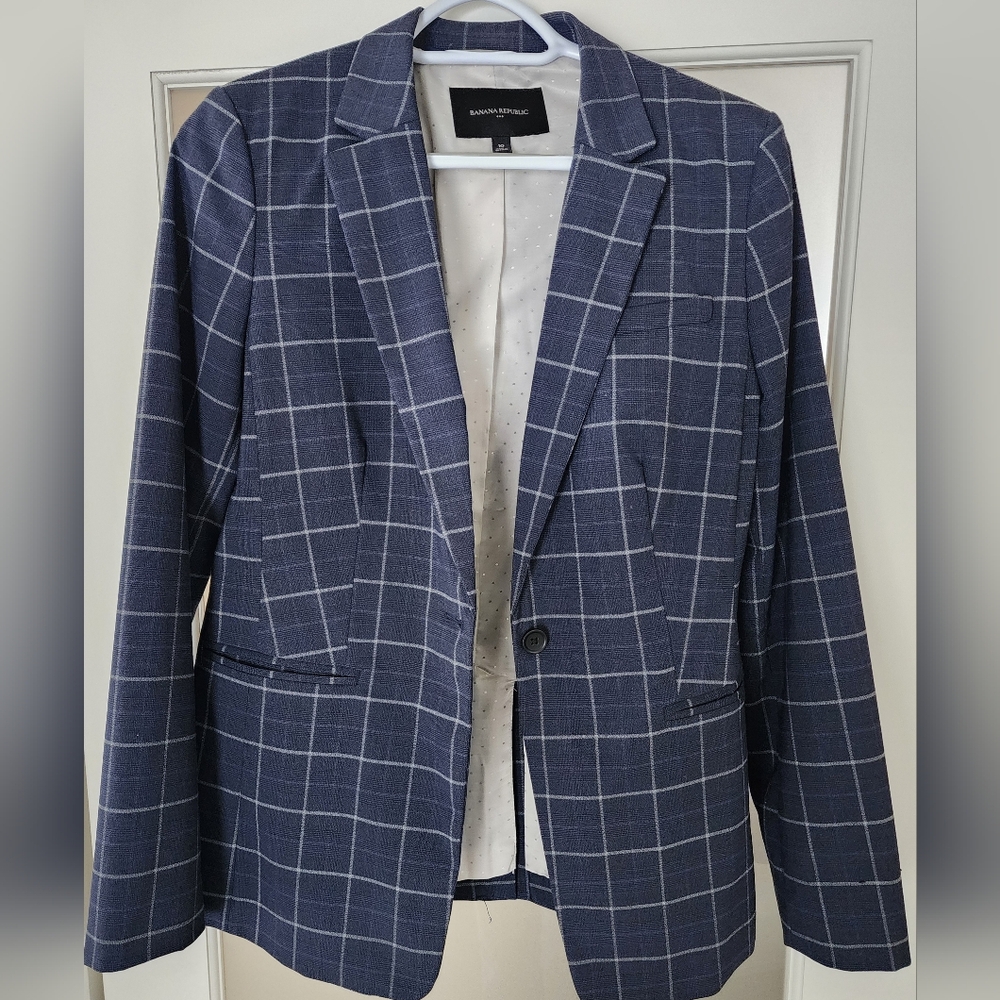 Banana Republic Blue and White Trousers with Windowpane Check Pattern